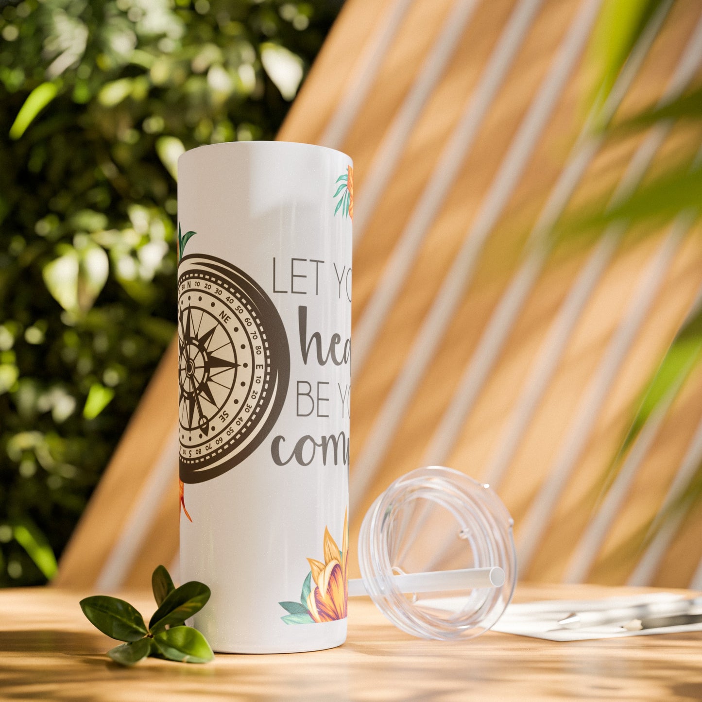 Follow Your Heart: Floral Compass Travel Tumbler with Inspirational Quote - Skinny Tumbler with Straw, 20oz