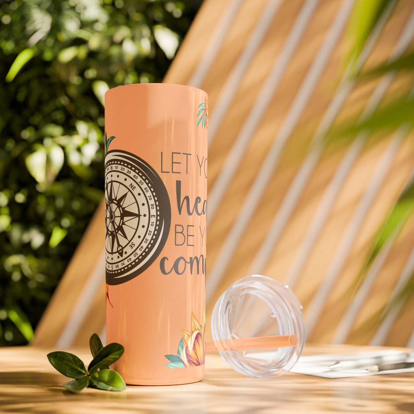 Follow Your Heart: Floral Compass Travel Tumbler with Inspirational Quote - Skinny Tumbler with Straw, 20oz