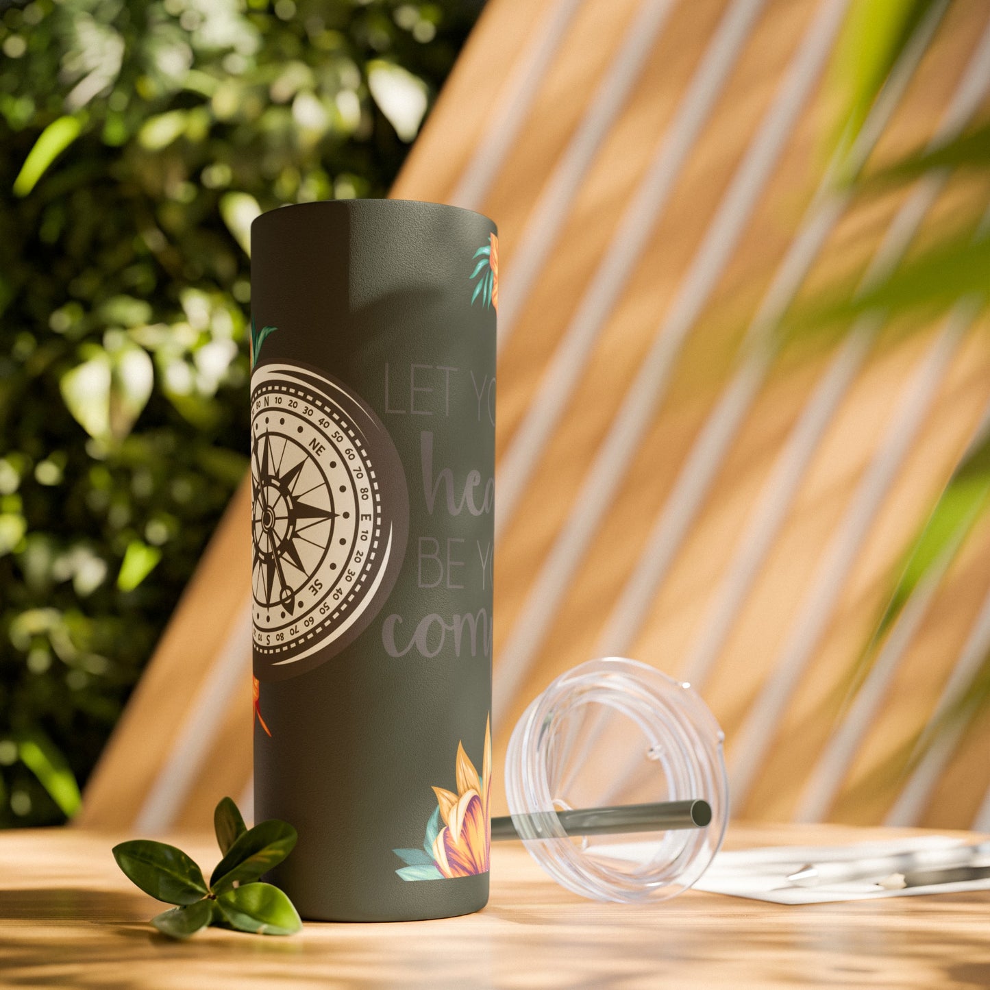 Follow Your Heart: Floral Compass Travel Tumbler with Inspirational Quote - Skinny Tumbler with Straw, 20oz