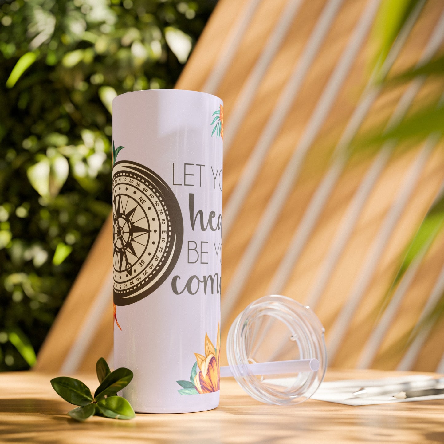 Follow Your Heart: Floral Compass Travel Tumbler with Inspirational Quote - Skinny Tumbler with Straw, 20oz