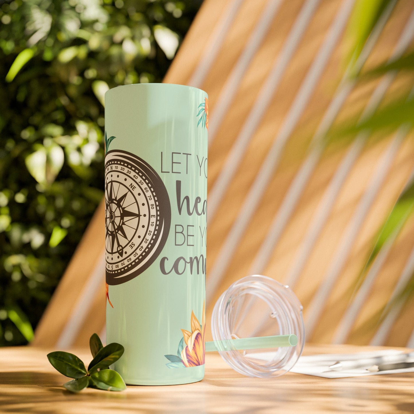 Follow Your Heart: Floral Compass Travel Tumbler with Inspirational Quote - Skinny Tumbler with Straw, 20oz