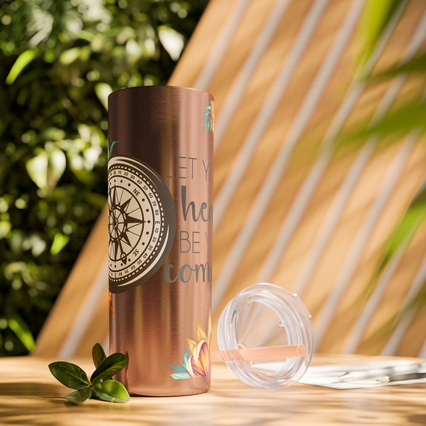 Follow Your Heart: Floral Compass Travel Tumbler with Inspirational Quote - Skinny Tumbler with Straw, 20oz