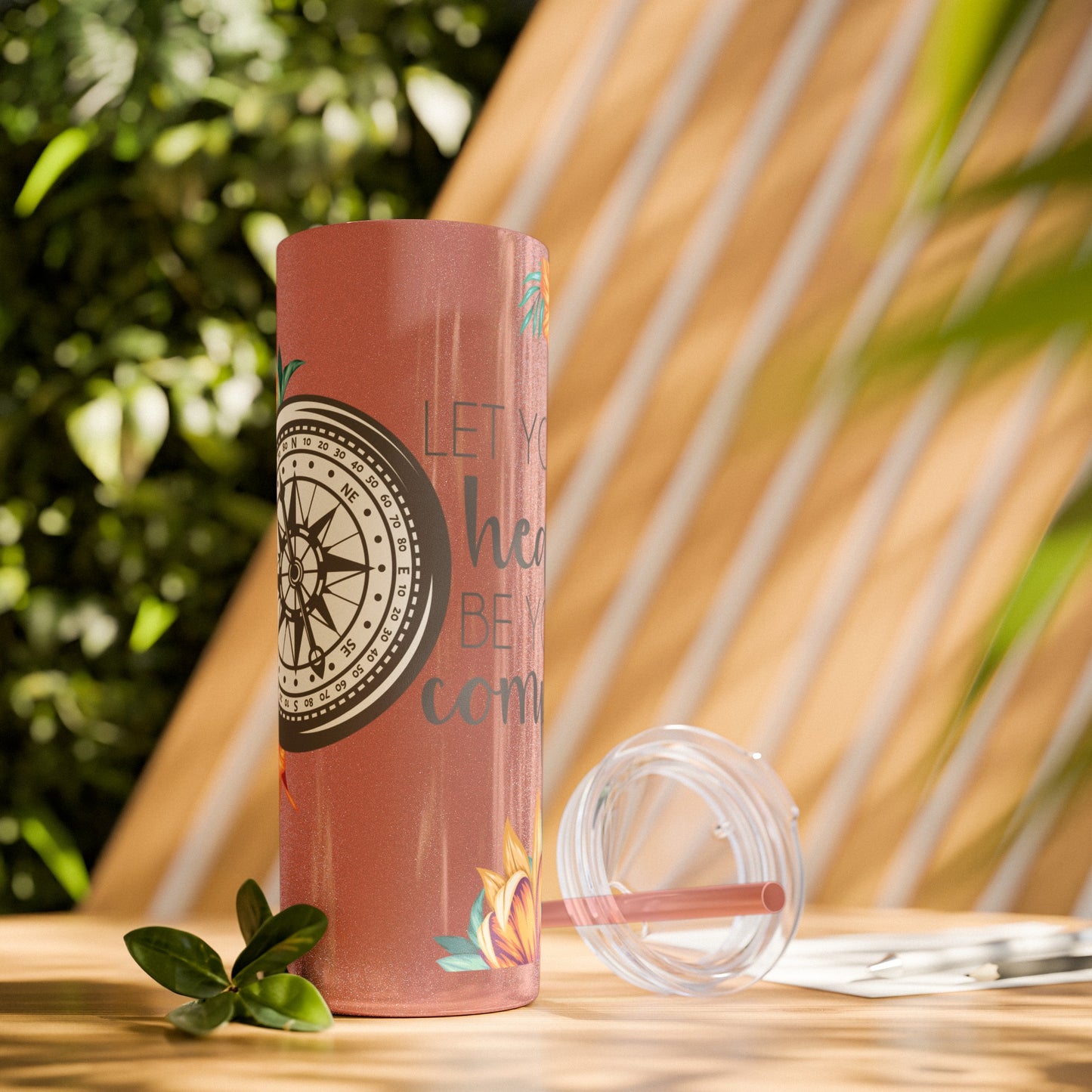 Follow Your Heart: Floral Compass Travel Tumbler with Inspirational Quote - Skinny Tumbler with Straw, 20oz