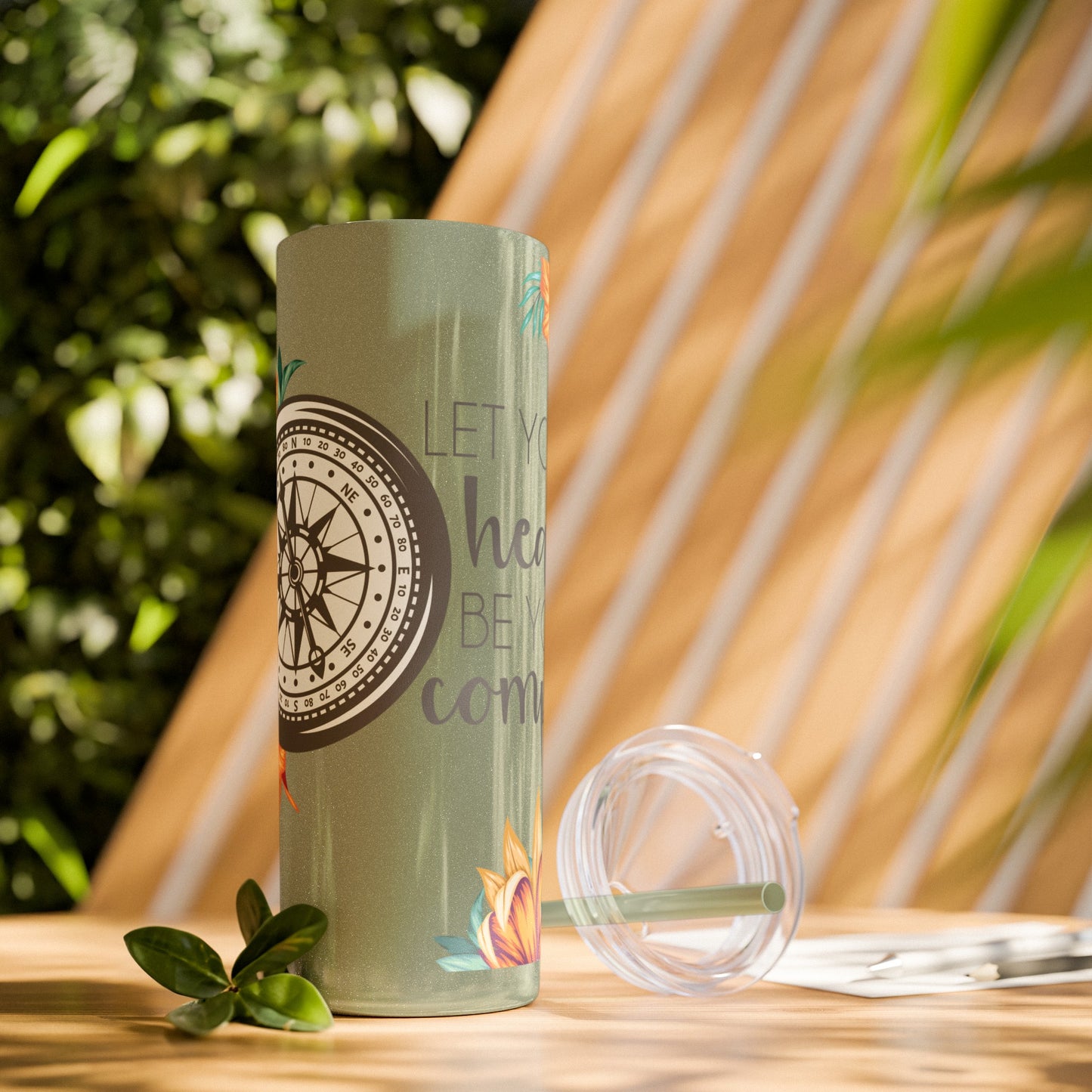 Follow Your Heart: Floral Compass Travel Tumbler with Inspirational Quote - Skinny Tumbler with Straw, 20oz
