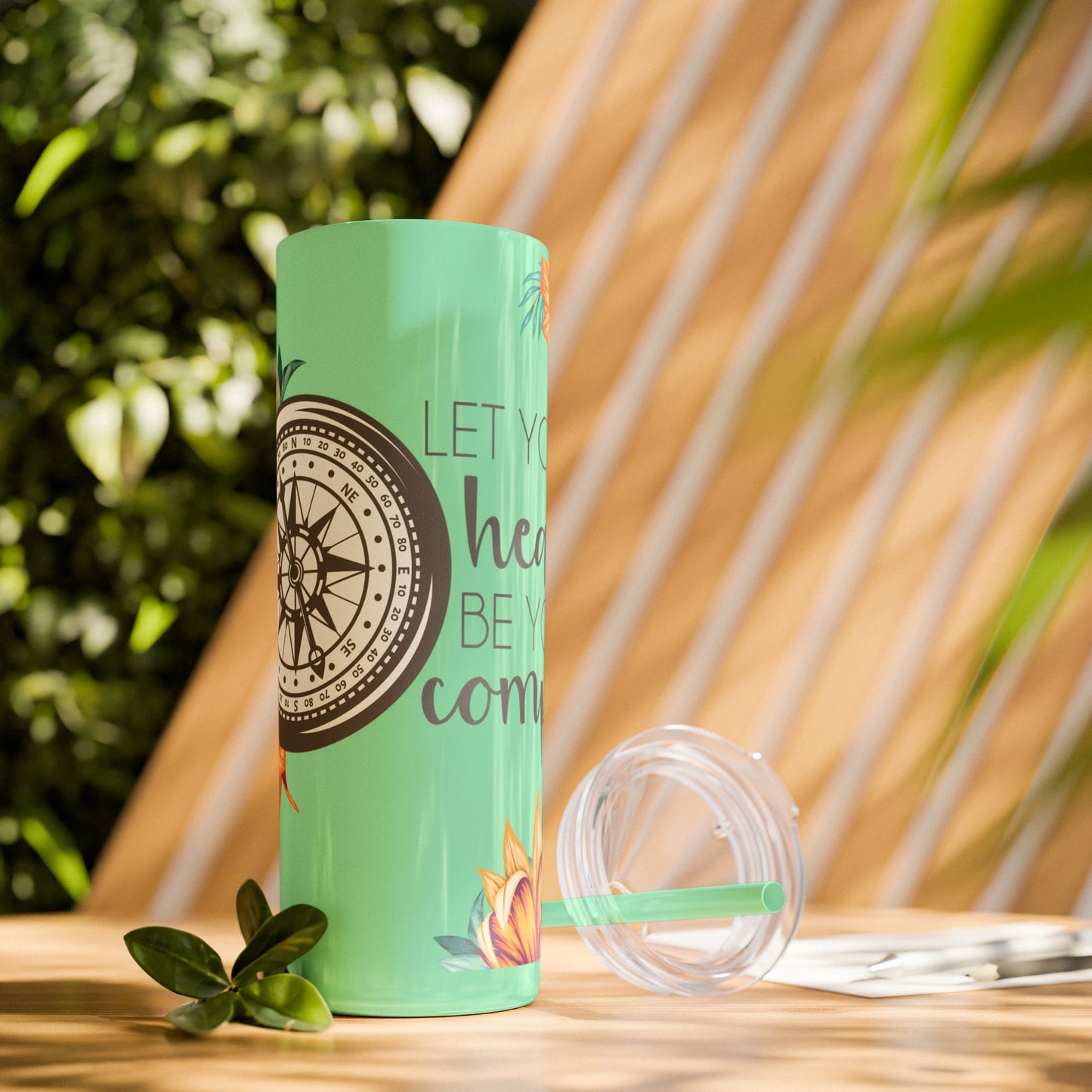 Follow Your Heart: Floral Compass Travel Tumbler with Inspirational Quote - Skinny Tumbler with Straw, 20oz