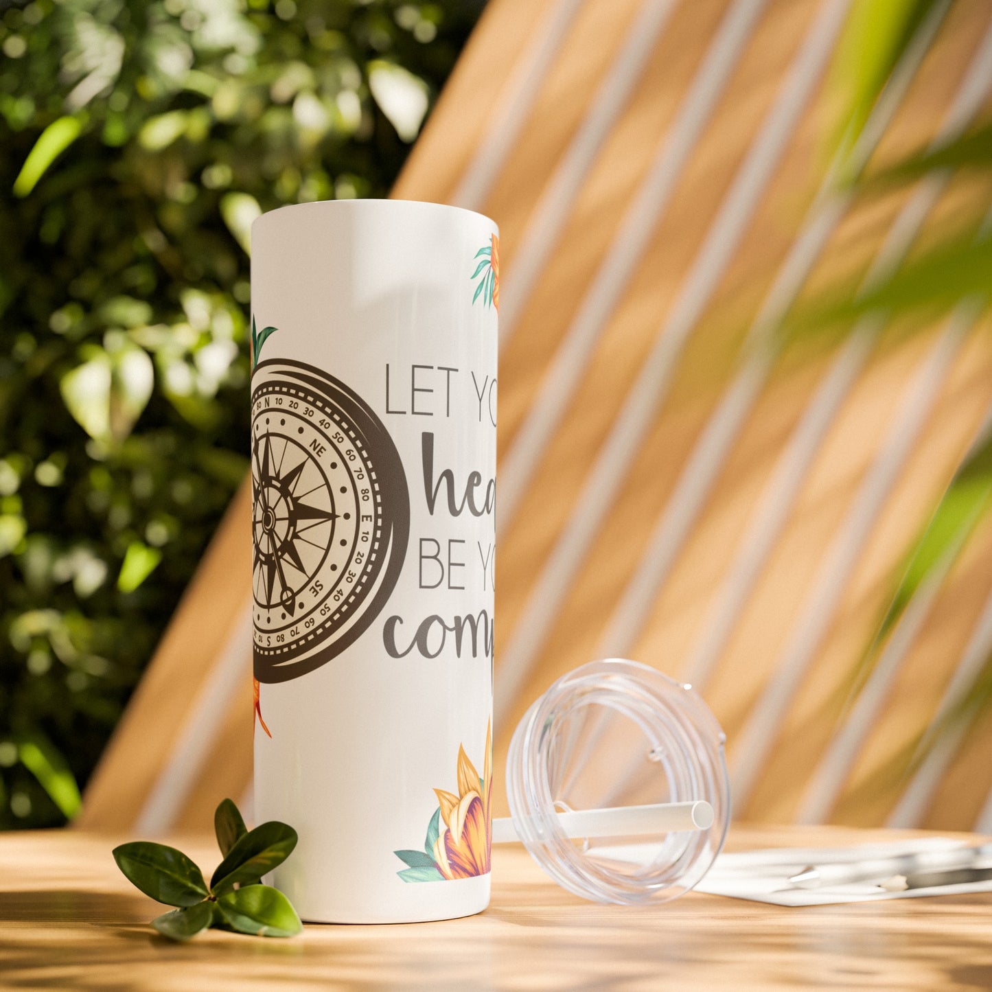 Follow Your Heart: Floral Compass Travel Tumbler with Inspirational Quote - Skinny Tumbler with Straw, 20oz