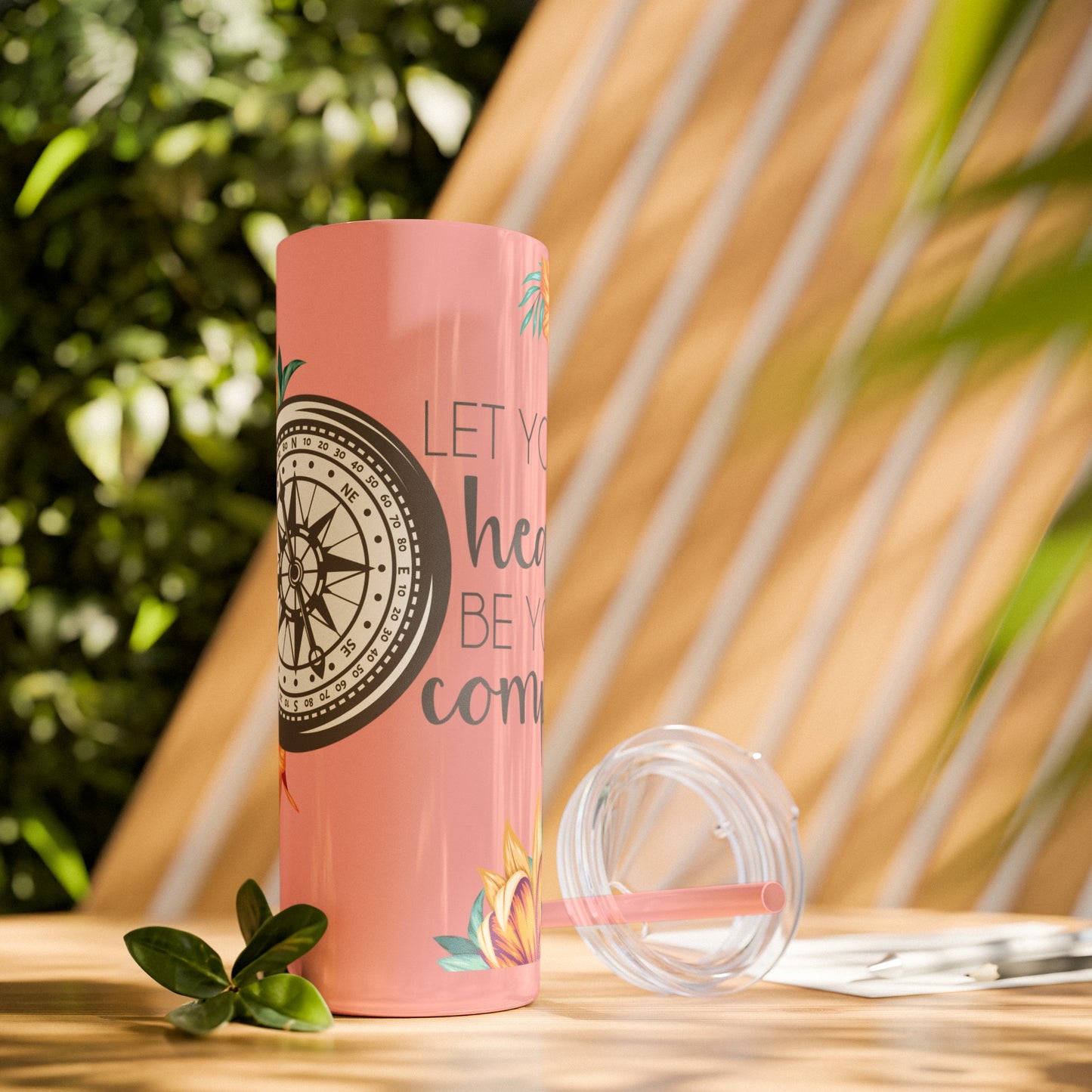 Follow Your Heart: Floral Compass Travel Tumbler with Inspirational Quote - Skinny Tumbler with Straw, 20oz