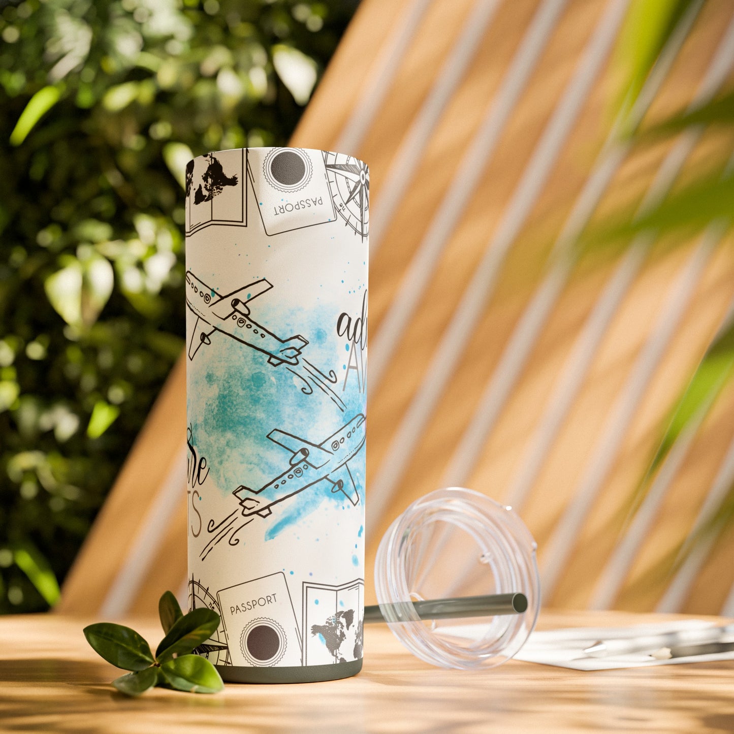 Adventure Awaits Watercolor Travel Tumbler with Airplanes - Skinny Tumbler with Straw, 20oz