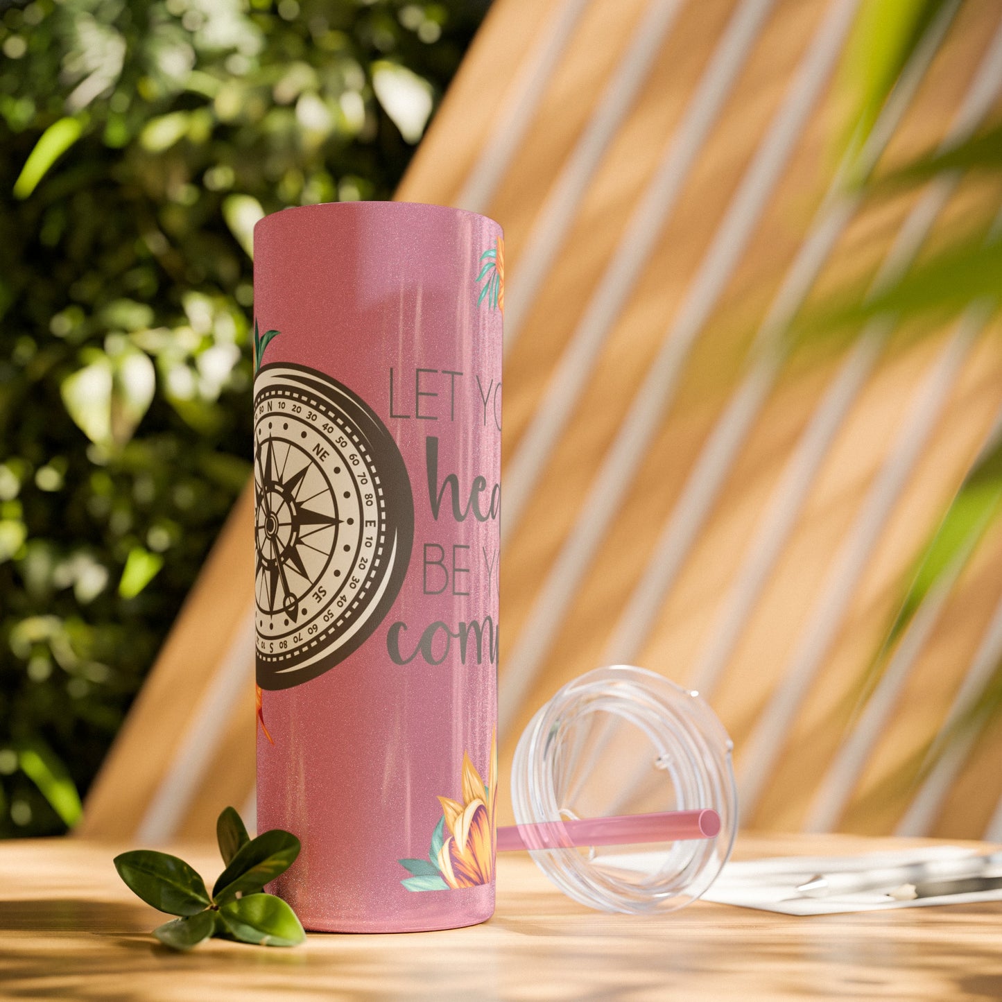 Follow Your Heart: Floral Compass Travel Tumbler with Inspirational Quote - Skinny Tumbler with Straw, 20oz