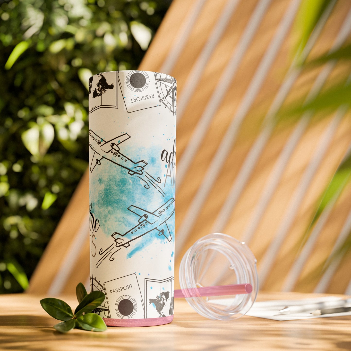 Adventure Awaits Watercolor Travel Tumbler with Airplanes - Skinny Tumbler with Straw, 20oz