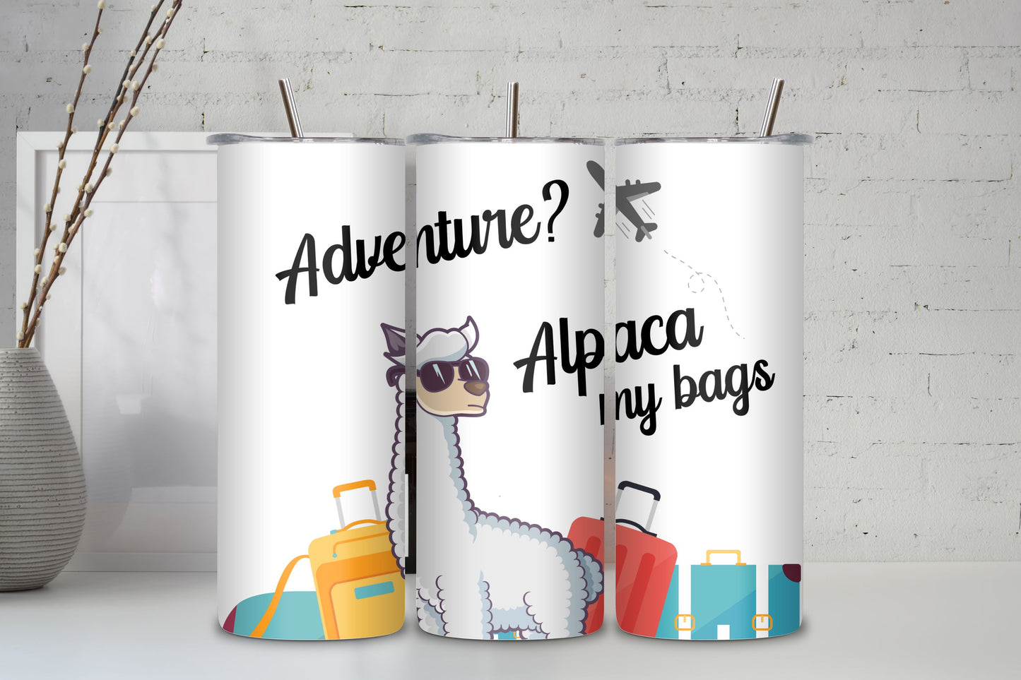 Adventure? Alpaca My Bags! Travel Tumbler with Fun Alpaca Design Skinny Tumbler with Straw, 20oz