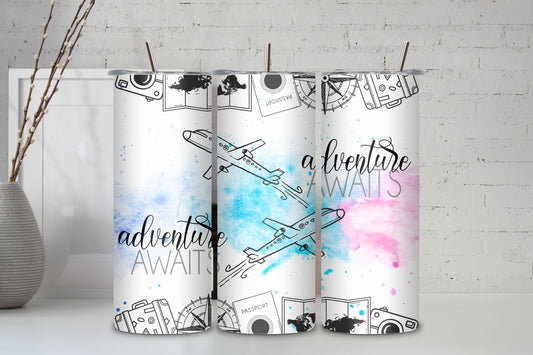 Adventure Awaits Watercolor Travel Tumbler with Airplanes - Skinny Tumbler with Straw, 20oz